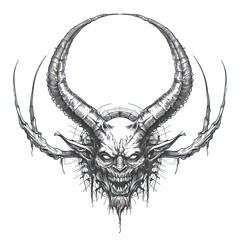 Obraz premium Close-up of the head of a creepy horned monster. Black and white drawing with a gloomy and ominous mood. Illustration for cover, card, postcard, interior design, decor or print.