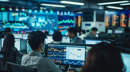 Obraz premium Busy Trading Floor with Focused Traders and Multiple Screens
