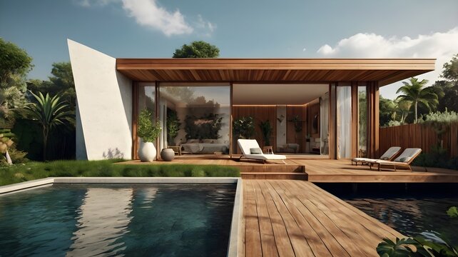 Minichalet de madera con un gran patio con c&eacute;sped y con tablones de madera a modo de camino hacia la piscina