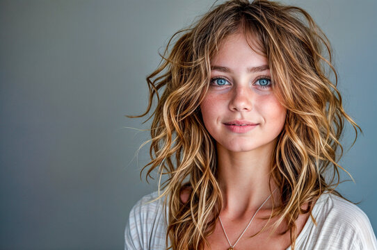 Portrait d'une belle jeune fille souriante aux cheveux fris&eacute;s et d&eacute;coiff&eacute;s sur fond gris