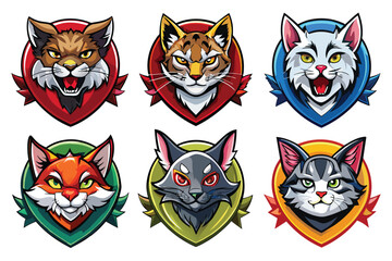 Fototapeta premium Six Cartoon Cat Mascot Heads with Different Expressions and Colors