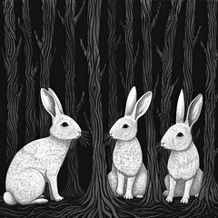 The hares are sitting in the forest at night. Black and white illustration for cover, card, interior design, decor or print.