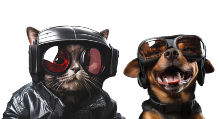 Dog and cat wearing black leather jacket with glasses isolated on transparent background