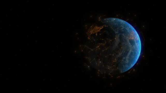 Magnificent visualization of Earth with satellites and glowing networks illustrating global connectivity, communications, and Internet, concept of technology links around planet. Copy space