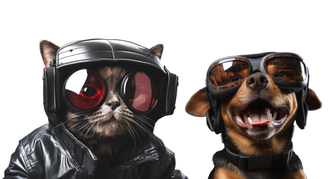 Dog and cat wearing black leather jacket with glasses isolated on transparent background