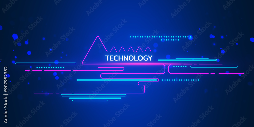 Poster Neon technology background with futuristic elements on blue backdrop. 3D Rendering