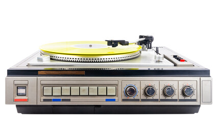 Obraz premium Vintage turntable record player with yellow vinyl isolated on white background.