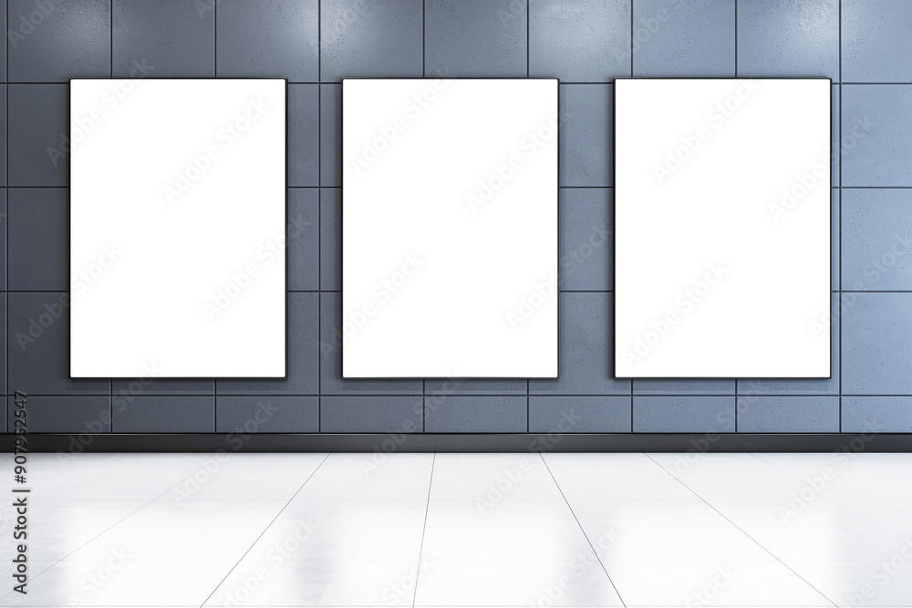 Poster three blank posters on a modern tiled wall. 3d rendering