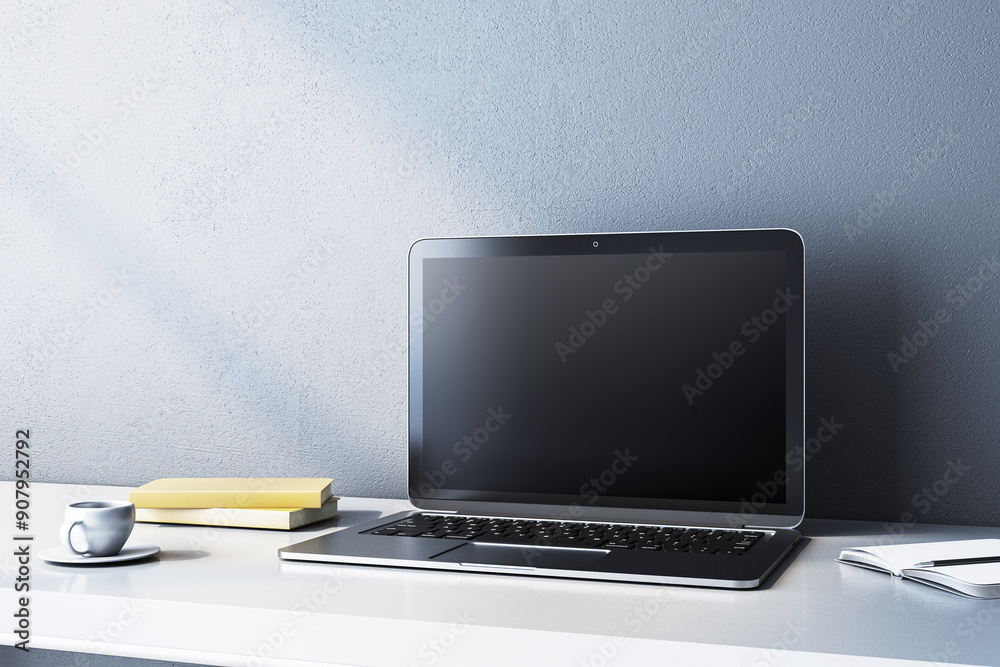 Aufkleber modern laptop with blank screen on a desk with a cup of coffee and books. 3d rendering