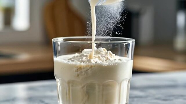 a glass of milk with powdered supplement being poured
