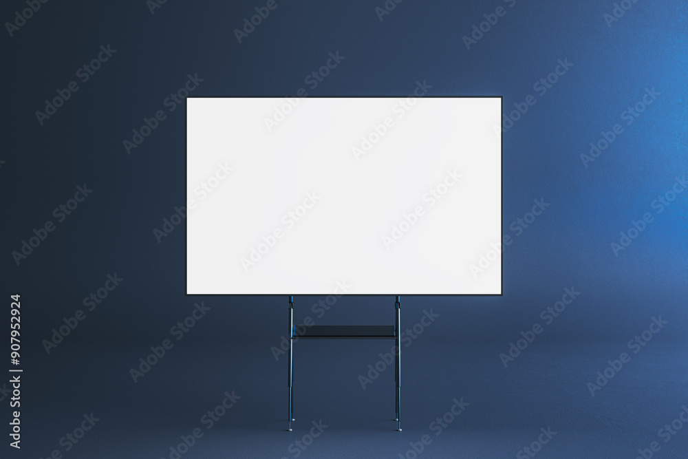 Poster Blank whiteboard on a tripod stand in a modern room. 3D Rendering