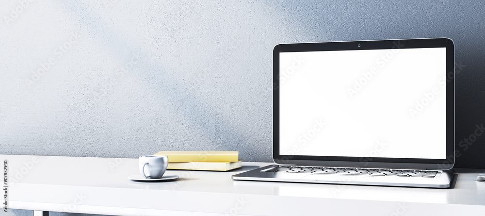 Poster modern laptop with blank screen on a clean white desk. 3d rendering