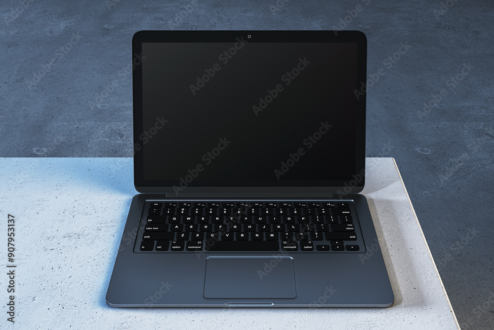 Poster Modern laptop with blank screen on a concrete table. 3D Rendering