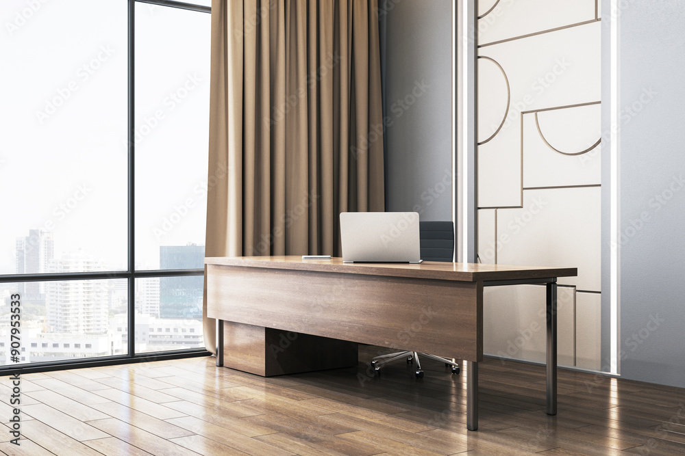 Poster Modern office desk with laptop and city view through large window. 3D Rendering