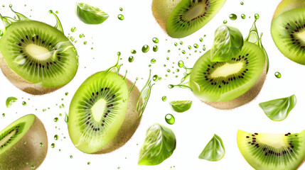 Fototapeta premium Fresh Kiwi Fruits and Leaves on White Background with Water Droplets and Splashes