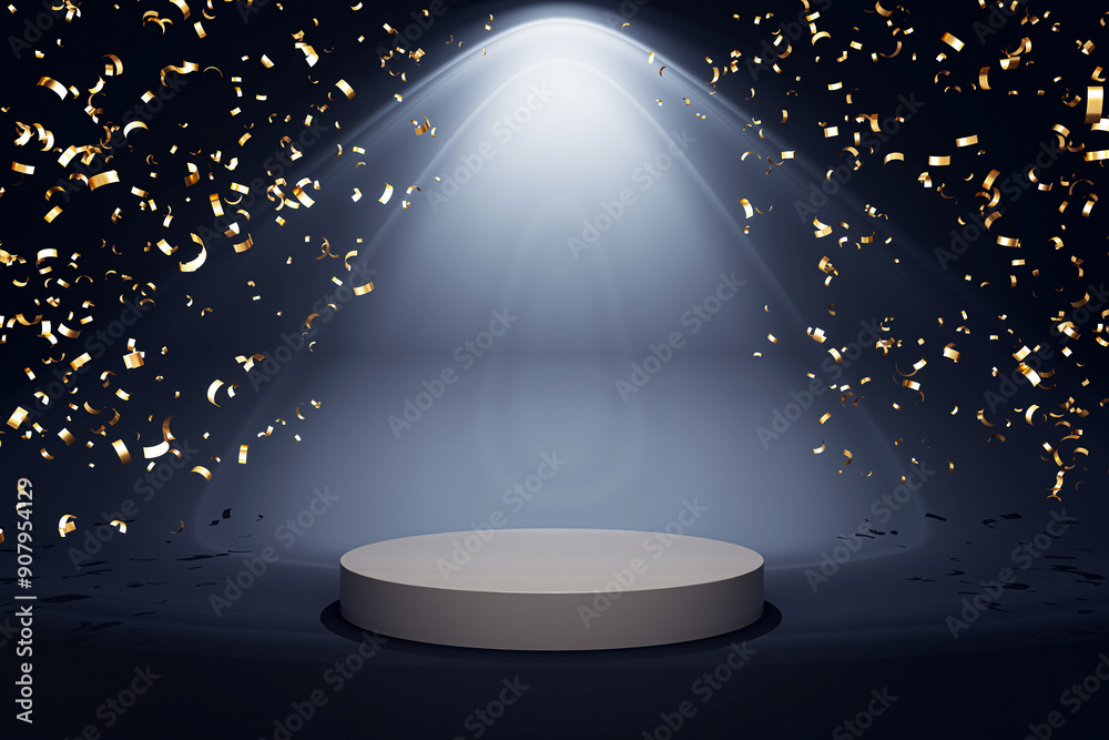 Aufkleber empty podium with spotlight and golden confetti on dark background. 3d rendering