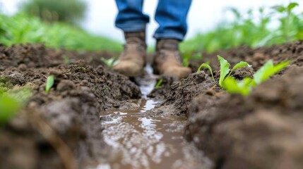 A farmer building drainage channels to prevent future flooding
