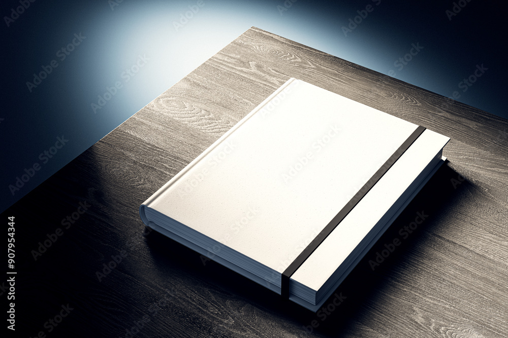 Poster closed white book mockup on a wooden table with spotlight. 3d rendering