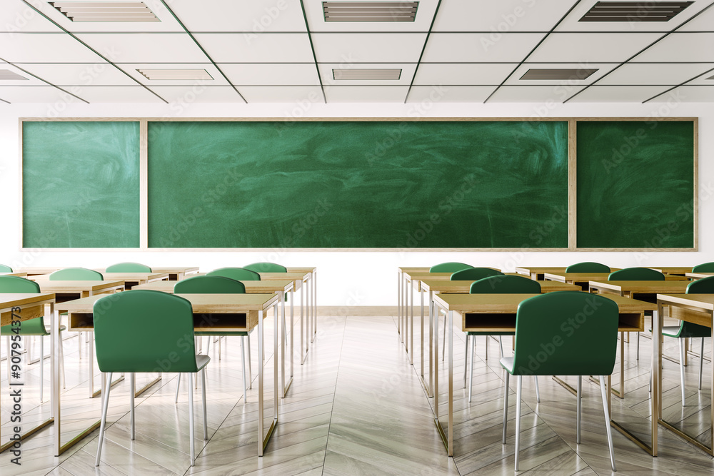 Aufkleber modern classroom interior with green chalkboard and empty desks. 3d rendering