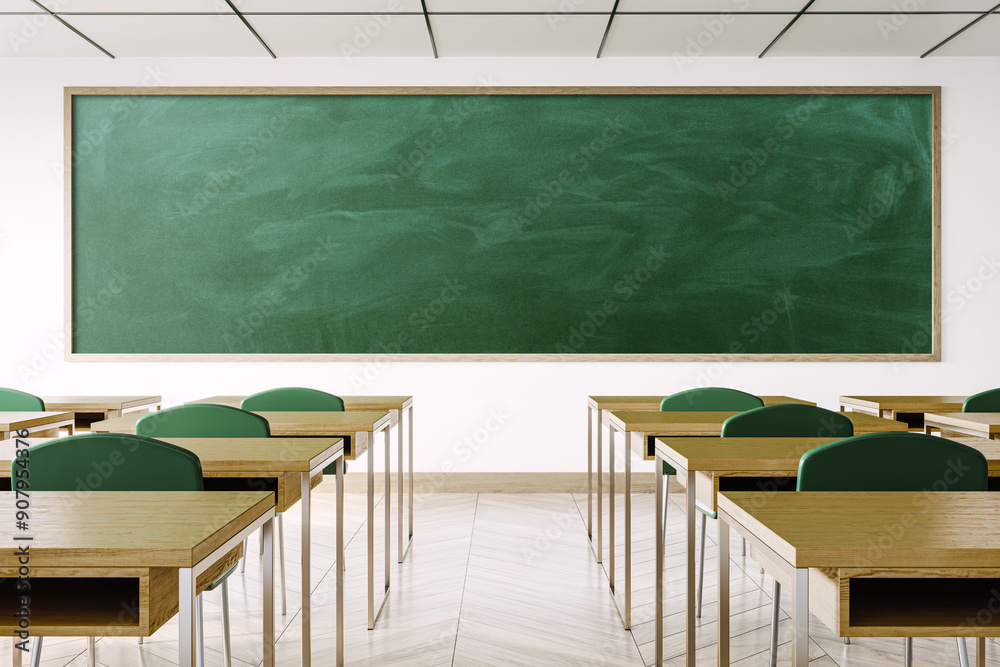 Poster modern classroom interior with empty desks and large green chalkboard. 3d rendering