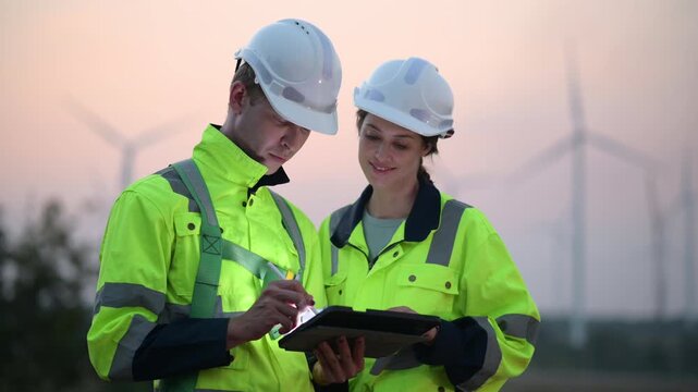 Engineers working and using tablet on site in wind turbine farm, Wind turbines generate clean energy source, Eco technology for electric, industry environment