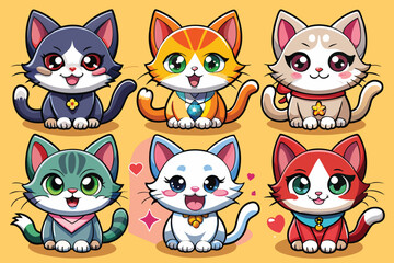 Fototapeta premium Six Adorable Cartoon Cats With Different Colors and Accessories