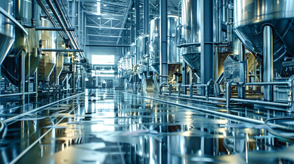 Experience the intricate setup of a modern brewery with gleaming stainless steel tanks and cutting-edge technology, highlighting the art of brewing