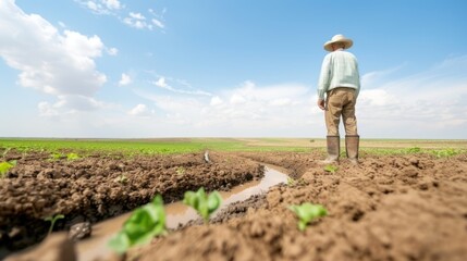 A farmer checking the stability of the soil near a water source