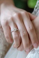 A close-up shot of a woman wearing a diamond wedding ring on her hand. Marriage and vows concept topics. 