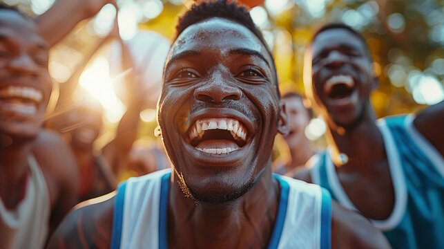 A joyful basketball player making the winning shot, with teammates rushing to celebrate