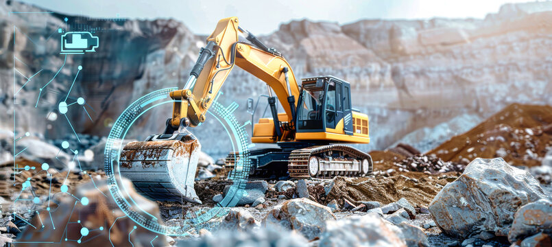 An excavator works on a rocky terrain, its digital twin overlaid with data visualizations, graphs, and numbers, showcasing the power of this technology in construction