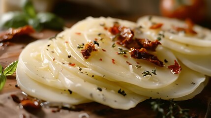 Close-up of Sliced Cheese with Sun-Dried Tomatoes and Herbs on a Wooden Board.