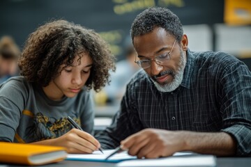 Naklejka premium Black adult education teacher assists his student with an assignment during class in classroom, Generative AI