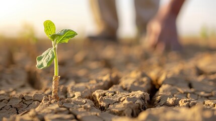 A farmer examining a dried-out plant in a sun-scorched field
