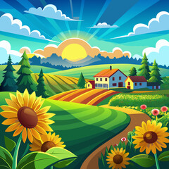 Fototapeta premium beautiful rustic sunflower landscape with a backdrop