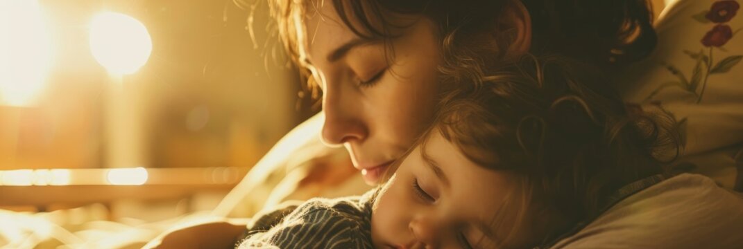 Exhausted mother coping with depression while her child sleeps Maternal mental health support