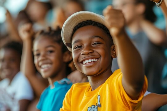 Happy black family cheering from stands during sports match at the stadium, Generative AI - Powered by Adobe