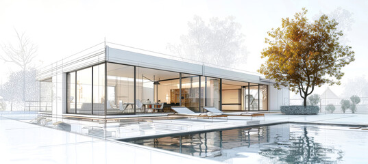 A modern cottage is shown as an architectural sketch with a large swimming pool, terrace, and large windows overlooking a lush green park