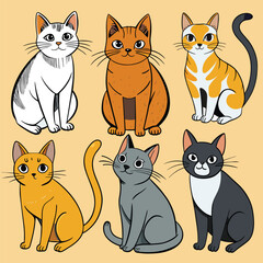 Obraz premium Six Cartoon Cats with Different Fur Colors and Patterns