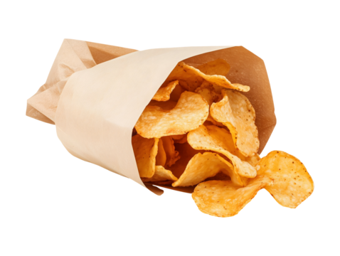 Paper bag of potato chips isolated on transparent or white background