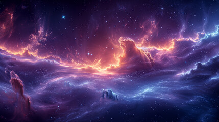 Obraz premium ethereal galactic waves with glowing orange and purple hues, depicting a breathtaking cosmic scene in the vastness of space