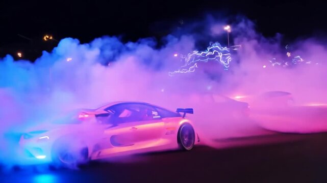 Neon Smoke Emission From Drift Cars During Night Racing Event Generative AI