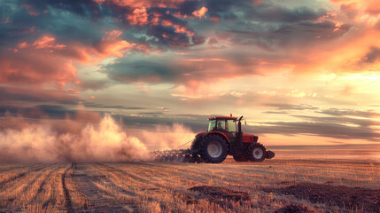 Fototapeta premium A modern tractor works diligently in a vast field, kicking up dust beneath a stunning sunset sky that paints the horizon with vibrant colors