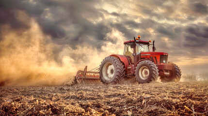 A red tractor works the earth, creating dust clouds against a breathtaking sunset sky, embodying the essence of rural life and agricultural dedication