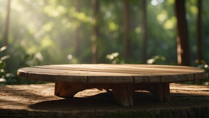 Naklejka premium D Rendered Wooden Table Basking in the Dappled Sunlight of a Lush Forest Background.