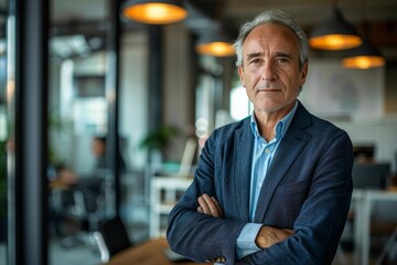Fototapeta premium Senior business man stands in an office looking at the camera, Generative AI