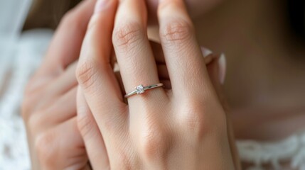 A close-up shot of a woman wearing a diamond wedding ring on her hand. Marriage and vows concept topics. 