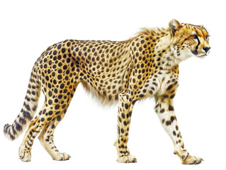 A majestic cheetah walking gracefully, showcasing its unique spotted coat and swift movement in a natural habitat.