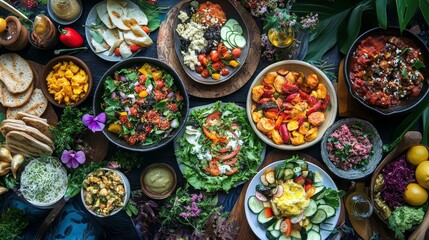 A table filled with a variety of vegan dishes, featuring fresh salads, colorful vegetables, and hearty grains, offering a healthy and flavorful meal experience.