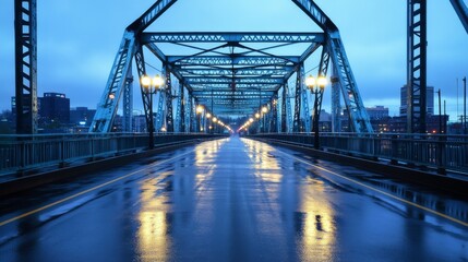 Obraz premium Dusk, Empty bridge in the rain reveals wet surface reflecting streetlights. Calm and gloomy atmosphere. Focus on the play of light and reflections on the rain-soaked bridge.